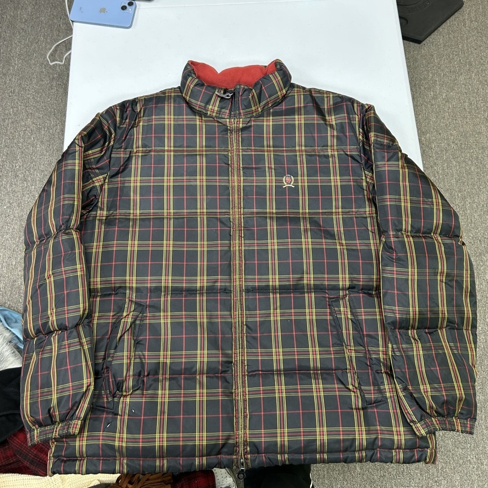 Tommy Hilfiger Puffer Jacket Mens XL Black Plaid Down Filled Fleece Collar